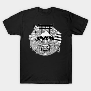 Japan Symbols Retro Samurai Torii Gate Pagoda Geisha Fuji Sakura Japanese Art 622 T-Shirt